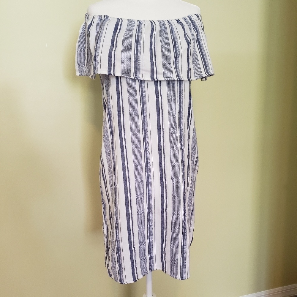 Japna Blue/White Stripe Off Shoulder Ruffle Dress